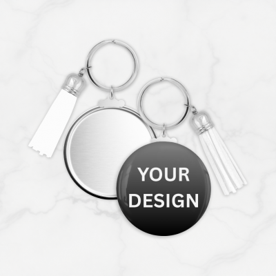 Custom Gantungan Kunci Pin 56mm dengan Tassel & Kulit Sintetis | Keychain Nama Foto Logo Aesthetic